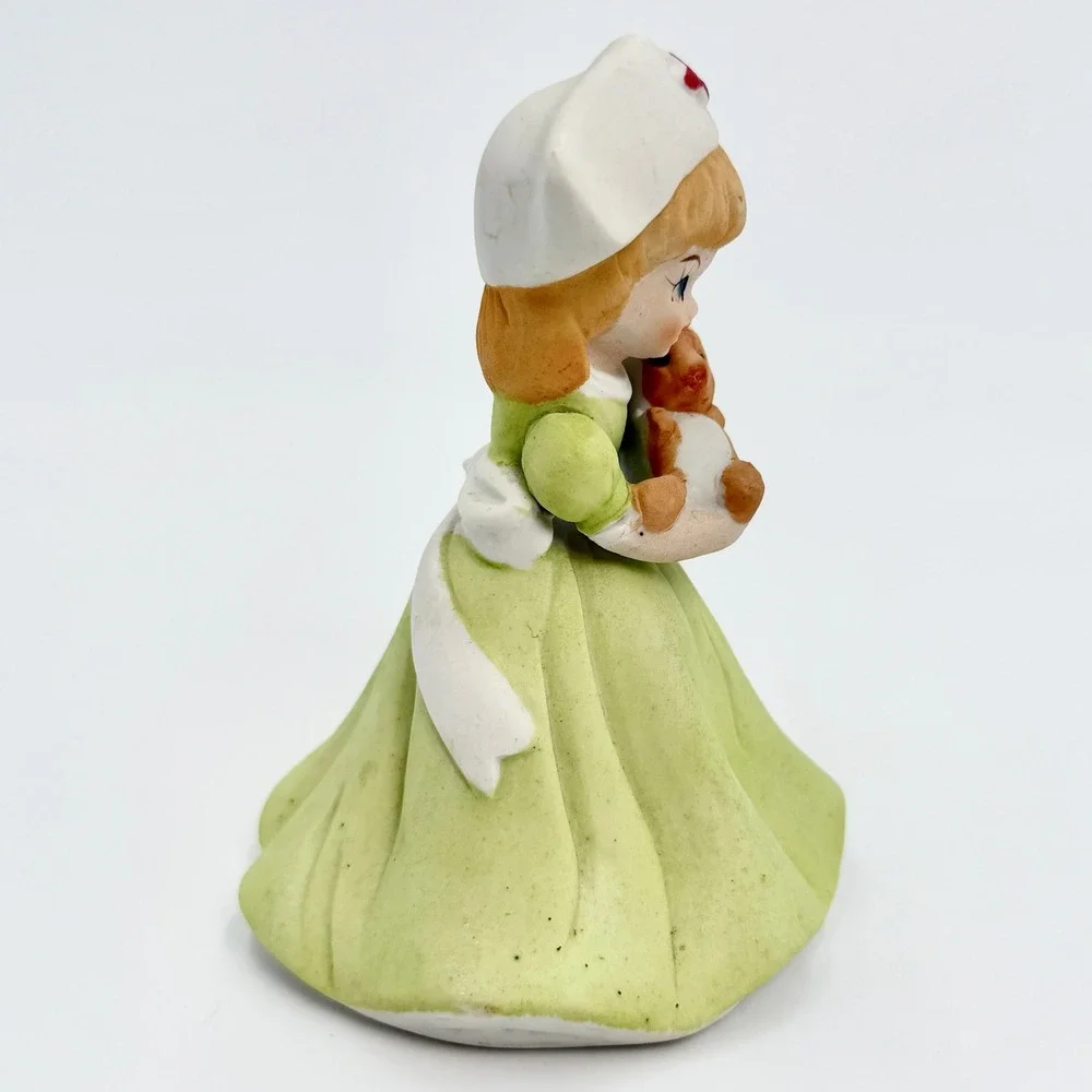 Vintage Japan Porcelain Nurse Figurine Green Dress Holding Teddy Bear Bisque - Picture 4 of 7